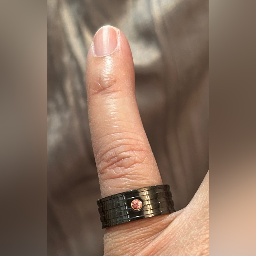 Approximately a Size 6 titanium band with stone (I wish I could list as unisex)